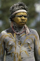 Tribesman of the Wanum people wearing traditional costume and body paint for the Corroboree festival, Turkey Creek, Western Australia