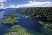 Aerial view of islands at southeast end of Lake Kutubu, the highlands, Papua New Guinea