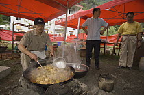 Temporary cooking shelters with workers after the May 12, 2008 earthquake and landslides, CCRCGP, Wolong, China