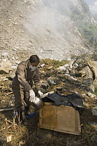 Giant Panda (Ailuropoda melanoleuca) recovery effort, worker disinfecting Mao Mao's coffin after the May 12, 2008 earthquake and landslides, CCRCGP, Wolong, China