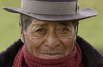 Close up portrait of seventy-four year old Rafael Changoluisa, a chagra or cowboy at a hacienda in the Andes Mountains, Ecuador