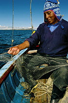 Lake Titicaca Frog (Telmatobius culeus) the world's largest aquatic frog, caught in a net by a researcher at Lake Titicaca at13,000 feet elevation, Andes Mountains, Bolivia and Peru, critically endang...