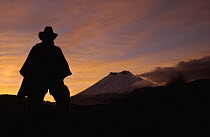 Chagra cowboy silhouetted against the sky at sunset with Cotopaxi Volcano in the background at a hacienda in the Andes Mountains during the annual cattle round-up, Ecuador