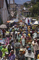 Betsileo village market in Ambohimahasoa showing locals shopping, south central Madagascar