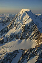 Mt Cook or Aoraki, aerial view of south face above Hooker Valley, Southern Alps, New Zealand