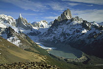 Cerro Torre, left, and Fitzroy seen from Loma Pelique Tumbado, with evident terminal moraine, Los Glaciares National Park, Patagonia, Argentina
