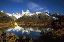 Camp beside small pond below Fitzroy, autumn, Los Glaciares National Park, Patagonia, Argentina