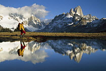 Hiker, Cerro Torre and Fitzroy reflected in small pond at dawn, Loma Plieque Tumbado, Los Glaciares National Park, Patagonia, Argentina