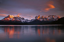 Cuernos del Paine at dawn and Lago Pehoe, Torres del Paine National Park, Patagonia, Chile