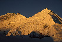 Dawn light on Mt Lhotse (Left) the South Col of Mt Everest (Center) and the Kangshung face of Mt Everest as seen from 6,200 meters elevation at Kharta Glacier, Tibet