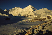 Dawn light on Lhotse, the South Col and Kangshung face Mt. Everest, as seen from 6,200 meters elevation at Kharta Glacier, Tibet