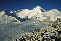 Dawn light on Lhotse, the south Col of Mt Everest, as seen from 6,200 meters elevation at Kharta Glacier, Tibet