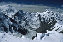 Mustagh Tower, left, and Middle Chongtar Glacier, seen from Chongtar, Karakoram, Xinjiang, China