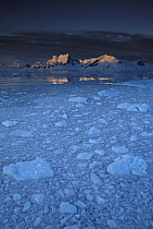 Brash ice in Paradise Bay, sunset on peaks near Gerlache Strait, Antarctic Peninsula, Antarctica