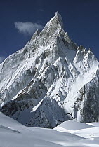 Mitre Peak at 6,252 meters elevation above Concordia towers over Baltoro Glacier, Karakoram Mountains, Pakistan