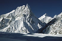 Mitre Peak rising to 6,025 meters elevation above Concordia, Baltoro Glacier, Karakoram Mountains, Pakistan