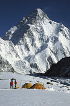 Campsite under K2, second highest peak in the world, on the Godwin Austen Glacier, Karakoram Mountains, Pakistan