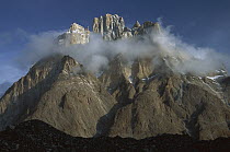 Cathedral Peaks at 5,866 meters elevation at dawn above Baltoro Glacier, Karakoram Mountains, Pakistan