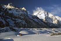 Campsite on Baltoro Glacier below Crystal Peak and Broad Peak, Karakoram Mountains, Pakistan