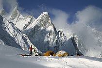 Campsite after storm at Concordia under Mitre Peak, Karakoram Mountains, Pakistan
