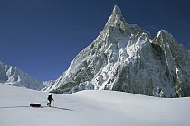 Skier passing iced-up rock spire, Baltoro Glacier, Karakoram Mountains, Pakistan