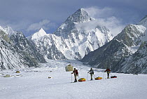 Three skiers pull sleds on Baltoro Glacier with K2 behind, at 8,611 metes elevation it is the second highest peak in the world, Karakoram Mountains, Pakistan