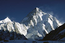 K2 at dawn (8,611 meters) seen from camp below Broad Peak, Godwin Austen Glacier, Karakoram Mountains, Pakistan