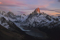 Cerro Torre (Left) and Fitzroy at dawn from Loma Plieque Tumbado, Los Glaciares National Park, Patagonia, Argentina