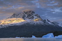 Blue icebergs at sunset in Lago Grey, Torres del Paine National Park, Patagonia, Chile