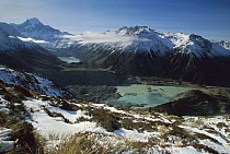 Mueller Glacier terminal lake, Mt. Cook, also called Aoraki at left, Mt. Cook National Park, New Zealand