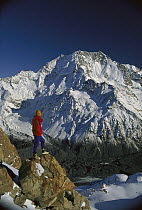 Hiker looking at Mt Cook, known locally as Aoraki, from Malte-Brun, Southern Alps, New Zealand