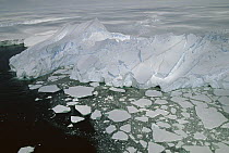 Pack ice and calving icebergs, aerial view of Mertz Glacier, Terre Adelie Land, east Antarctica