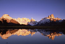 Cerro Torre, centre, and Mount FitzRoy, right, Cerro Solo, left, at dawn famous peaks on edge of Patagonian icecap, Los Glaciares National Park, Patagonia, Argentina