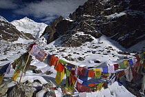 Prayer flags, Gotcha la, five thousand meters, Kangchenjunga, most easterly of the world's fourteen 8000 metre peaks, Talung Face, Sikkim Himalaya, India
