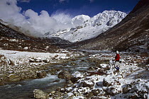 Kabru Peak, winter snowfall, Rathong Chu, near Kangchenjunga, Sikkim Himalaya, India