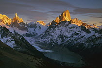 Cerro Torre and Fitzroy, dawn from Loma Pelique Tumbado, Los Glaciares National Park, Patagonia, Argentina