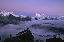 Panorama from Everest to Taweche with alpenglow, Khumbu, Nepal
