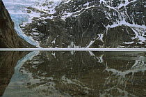 Icefall reflection in lake beneath Frances Mountain, Tierra del Fuego, Chile