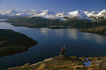 Ski tourer overlooking fjord, Tierra del Fuego, Chile