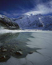 Mt. Sefton in winter with ice on Hooker River, Southern Alps, New Zealand