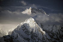 Masherbrum (7,821 meters) as seen from below ice fall on Biale Glacier, Karakoram Mountains, Pakistan