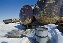 Large fuel tanks leaking at abandoned Russian research station, Ross Sea, Antarctica