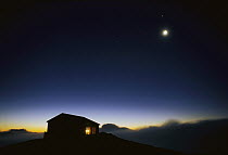 Moon and stars over hut, Egmont National Park, New Zealand