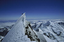 Climber on summit of Mount Cook, Mount Cook National Park, New Zealand