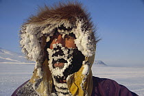 Iced-up face during skiing expedition from Ny Alesund to Longyearbyen, Spitsbergen, Svalbard, Norway