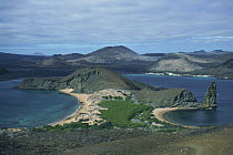 Bahia Sullivan looking towards cinder cones on Santiago Island taken from Bartolome Island, Galapagos Islands, Ecuador
