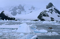 Explorers riding through sea ice to land, Antarctica