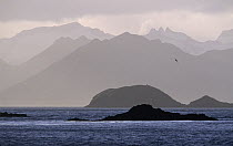 Islands and mountain ranges silhouetted around Cumberland East Bay, South Georgia
