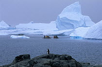 Tourists in zodiacs tour icebergs, South Georgia Island