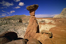 Toadstool Caprocks against petrified sand dunes, cliffs, boulders and hoodoos, near Paria River, Grand Staircase-Escalante National Monument, Utah